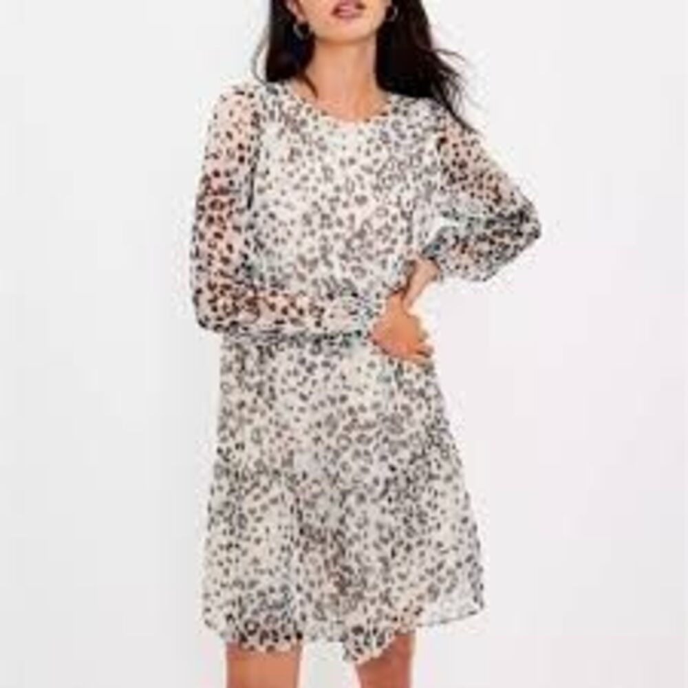 Loft M Long Sleeve Shimmer Leopard Print Swing Dress Beige Blue Animal Print